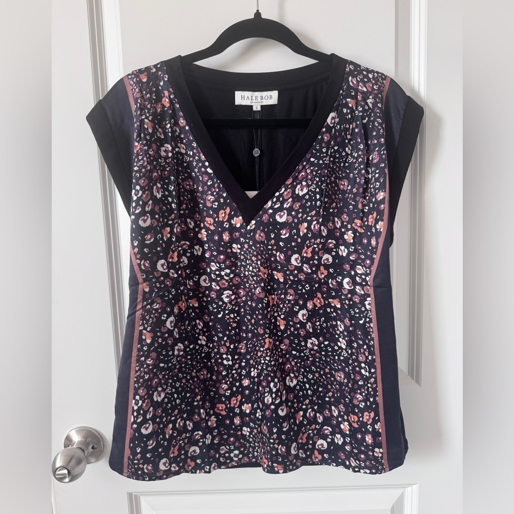 NWT Hale Bob Women's Black and Pink Floral Blouse Size Small